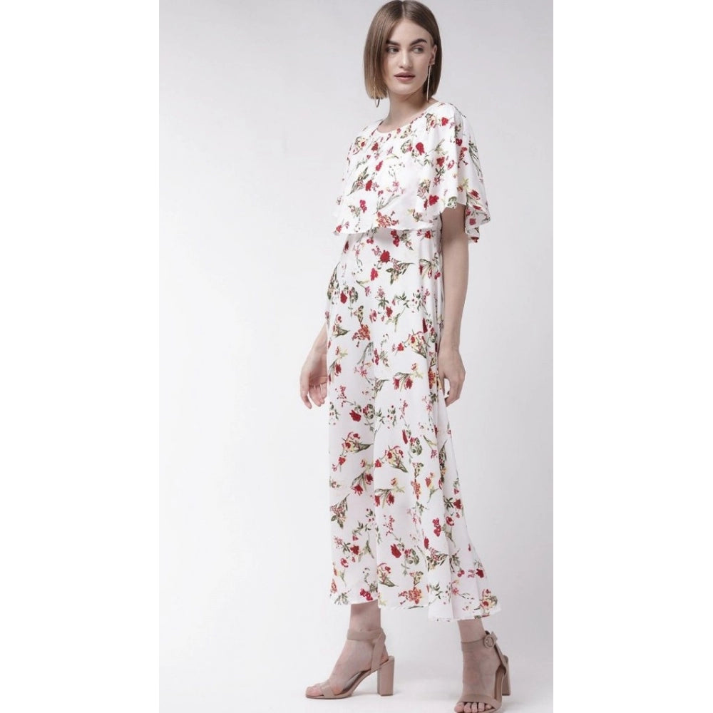 PKRKART Women's Crepe Floral Half Sleeves Full Length Gown(White)