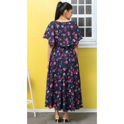 PKRKART Women's Crepe Floral Half Sleeves Full Length Gown(Dark Blue)