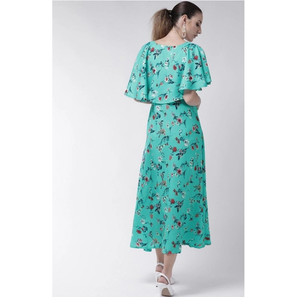 PKRKART Women's Crepe Floral Half Sleeves Full Length Gown(Turquoise)