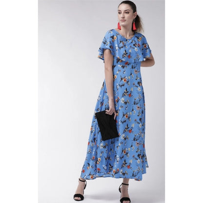 PKRKART Women's Crepe Floral Half Sleeves Full Length Gown(Blue)