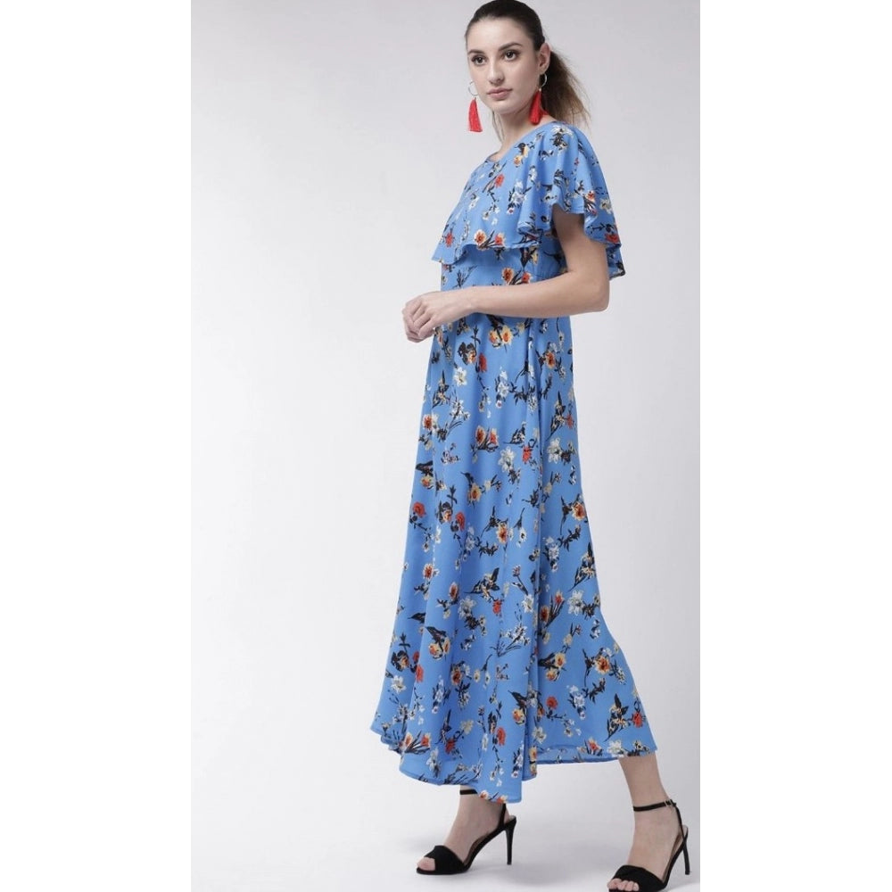 PKRKART Women's Crepe Floral Half Sleeves Full Length Gown(Blue)