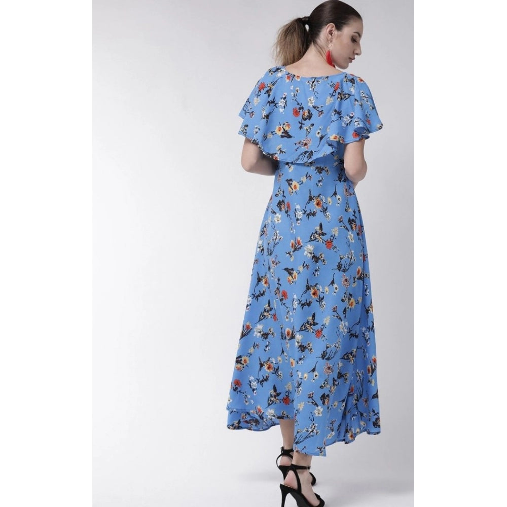 PKRKART Women's Crepe Floral Half Sleeves Full Length Gown(Blue)
