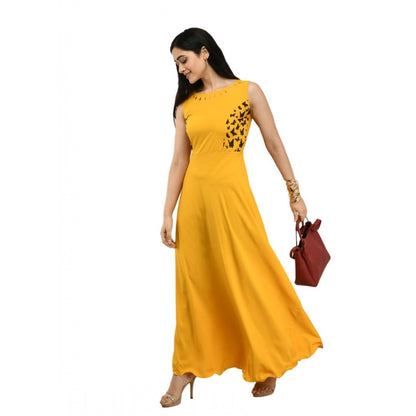 PKRKART Women's Crepe Solid Sleeveless Full Length Gown(Yellow)