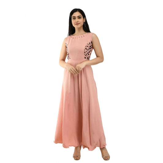 PKRKART Women's Crepe Solid Sleeveless Full Length Gown(Light Peach)