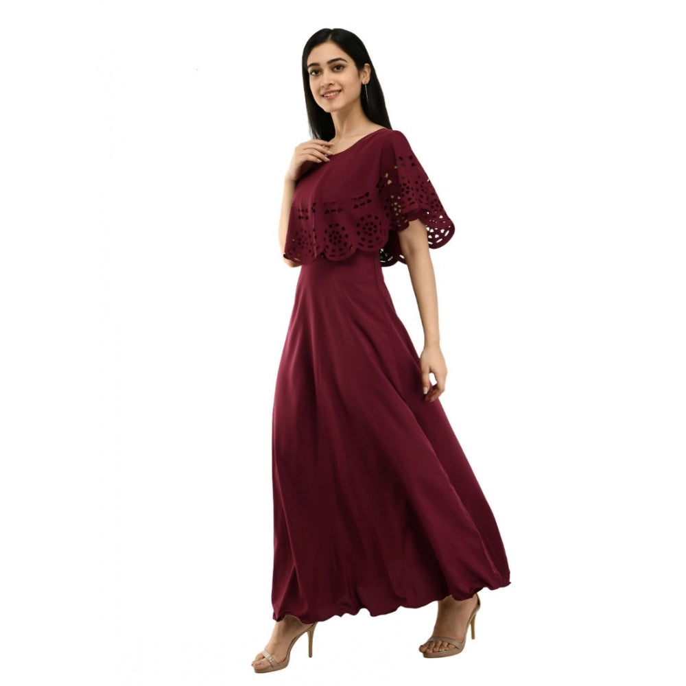 PKRKART Women's Crepe Solid Sleeveless Full Length Gown(Wine)