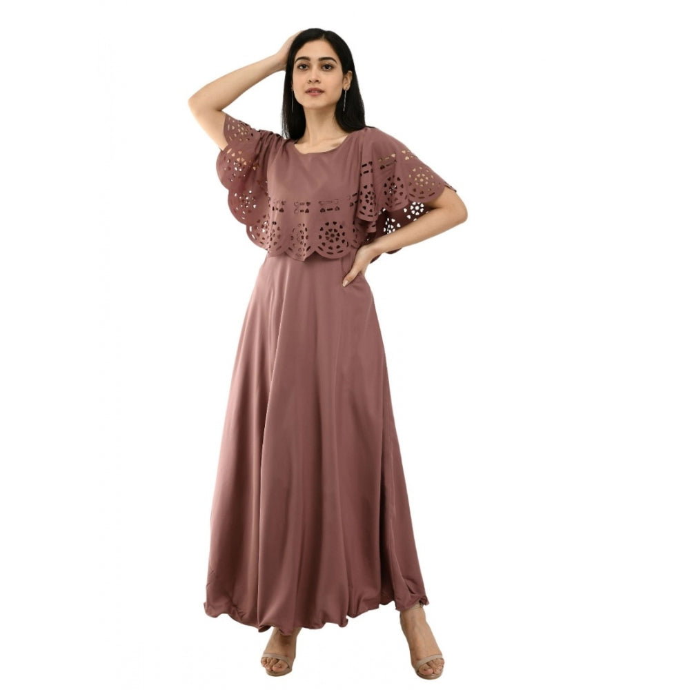 PKRKART Women's Crepe Solid Sleeveless Full Length Gown(Brown)