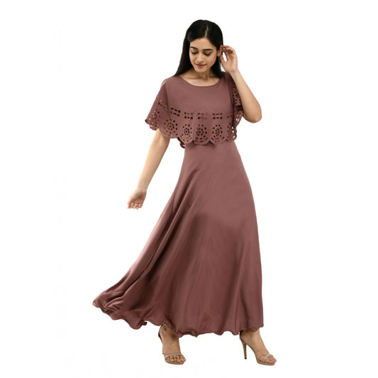 PKRKART Women's Crepe Solid Sleeveless Full Length Gown(Brown)