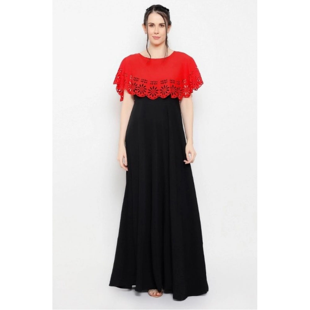 PKRKART Women's Crepe Solid Sleeveless Full Length Gown(Red Black)