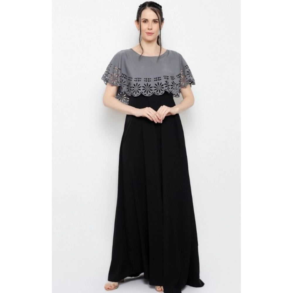 PKRKART Women's Crepe Solid Sleeveless Full Length Gown(Grey Black)