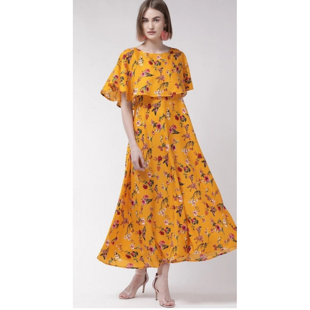 PKRKART Women's Crepe Floral Half Sleeves Full Length Gown(Yellow)