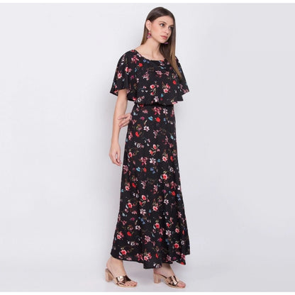 PKRKART Women's Crepe Floral Half Sleeves Full Length Gown(Black)