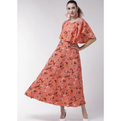 PKRKART Women's Crepe Floral Half Sleeves Full Length Gown(Orange)
