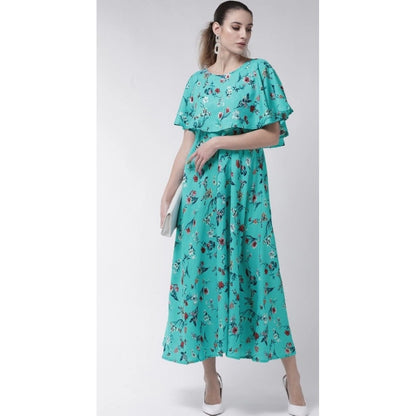PKRKART Women's Crepe Floral Half Sleeves Full Length Gown(Turquoise)