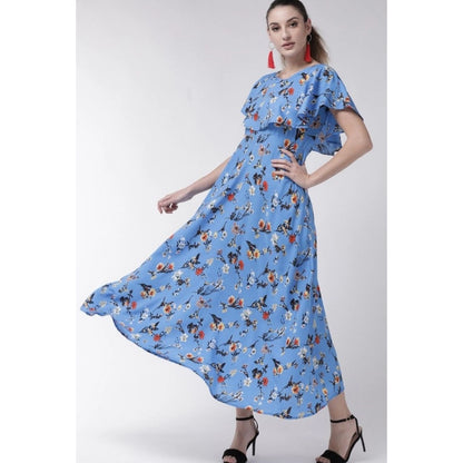PKRKART Women's Crepe Floral Half Sleeves Full Length Gown(Blue)