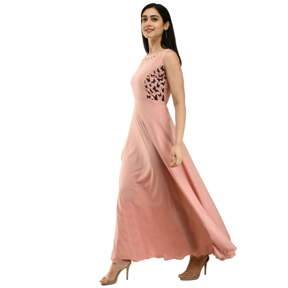 PKRKART Women's Crepe Solid Sleeveless Full Length Gown(Light Peach)