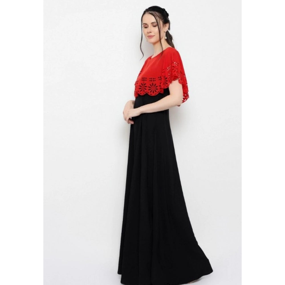 PKRKART Women's Crepe Solid Sleeveless Full Length Gown(Red Black)