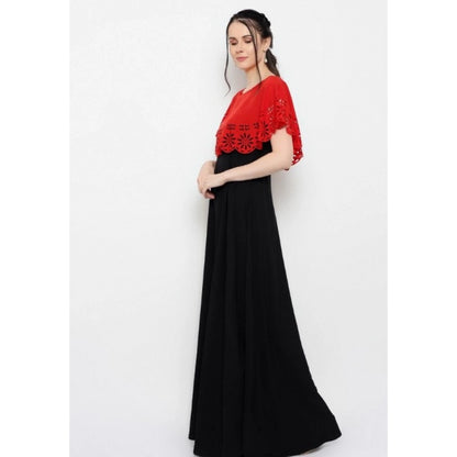 PKRKART Women's Crepe Solid Sleeveless Full Length Gown(Red Black)