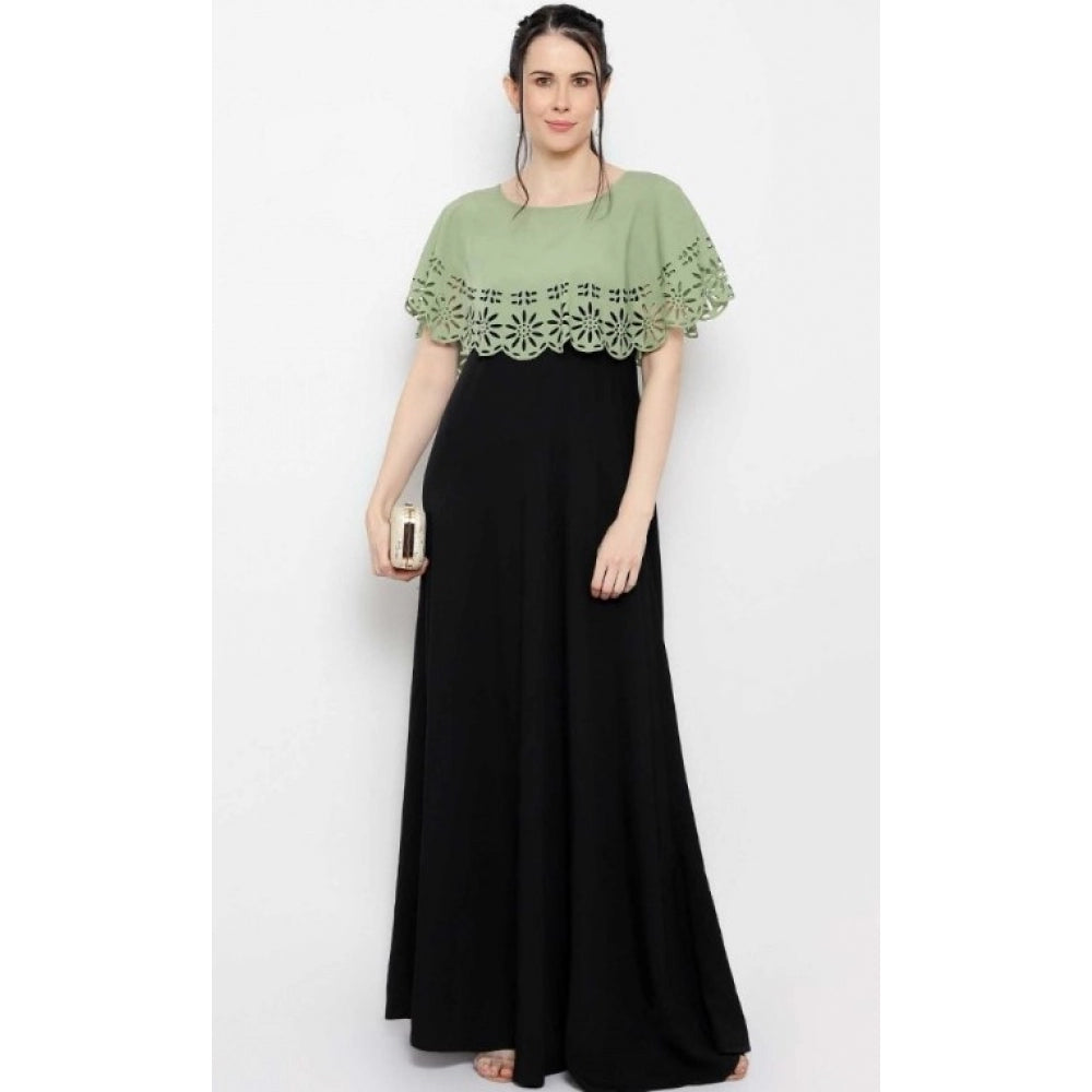 PKRKART Women's Crepe Solid Sleeveless Full Length Gown(Green Black)