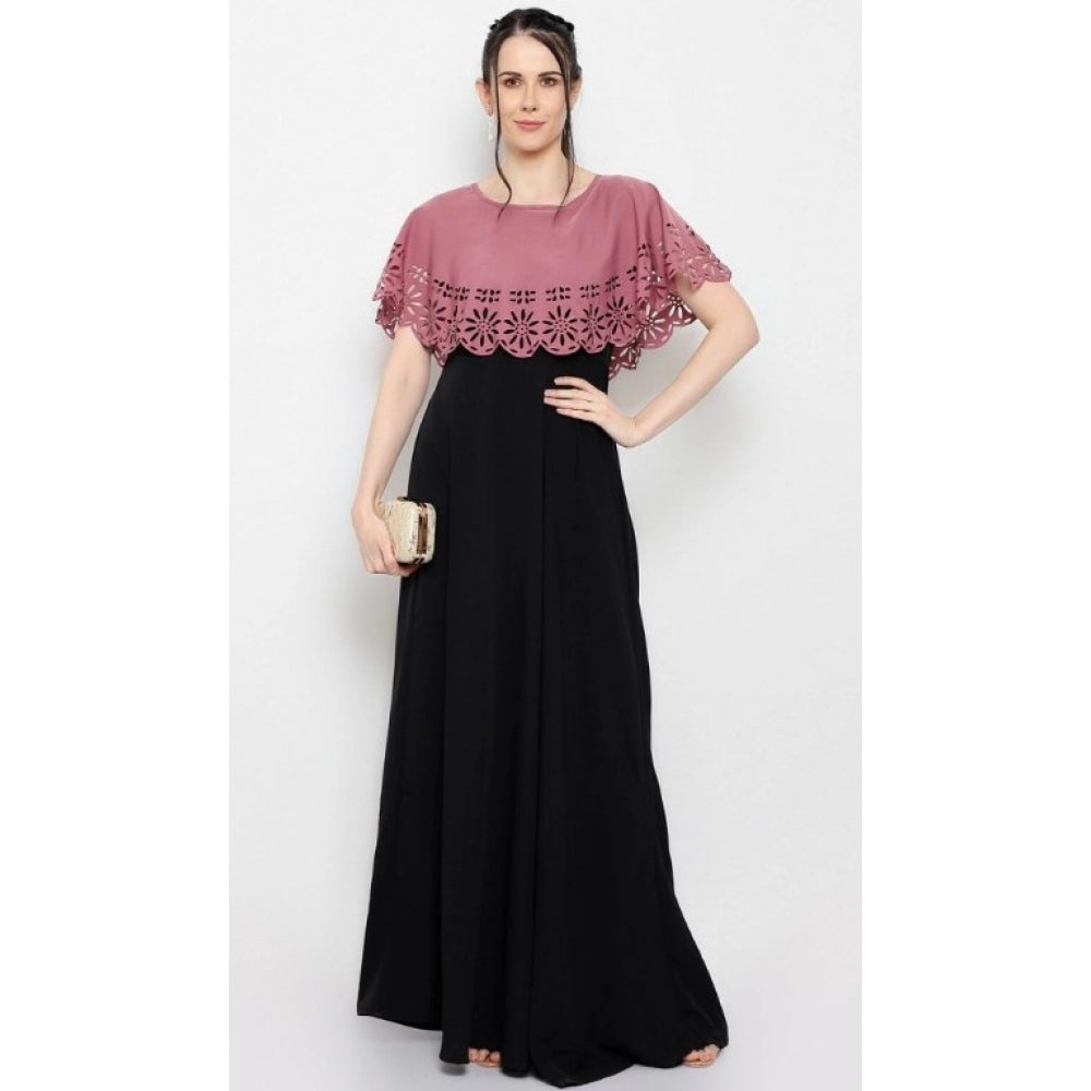 PKRKART Women's Crepe Solid Sleeveless Full Length Gown(Peach Black)