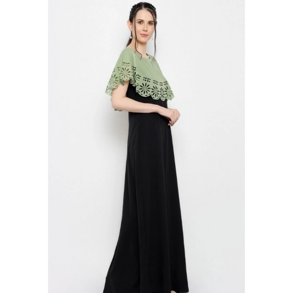 PKRKART Women's Crepe Solid Sleeveless Full Length Gown(Green Black)
