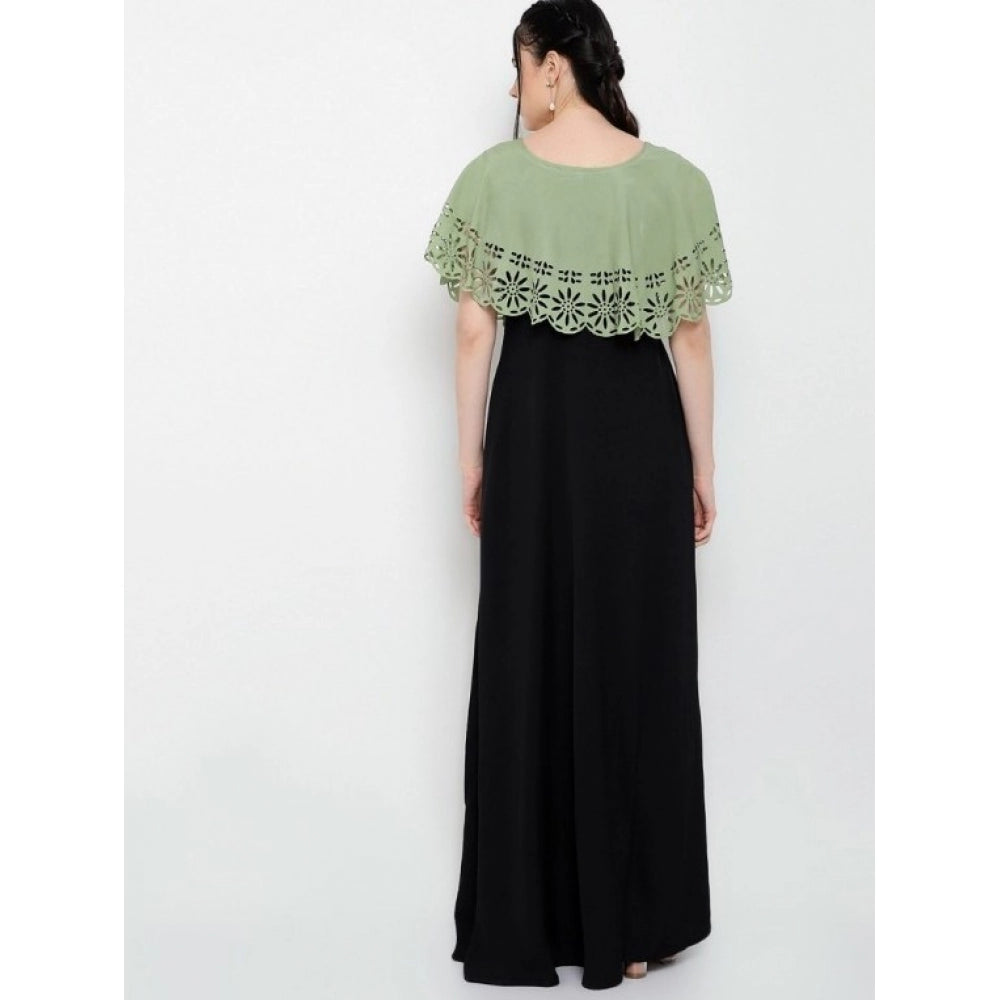 PKRKART Women's Crepe Solid Sleeveless Full Length Gown(Green Black)