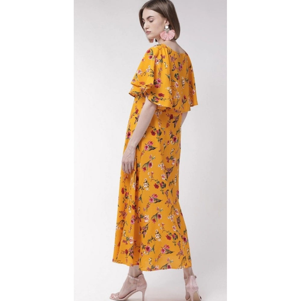 PKRKART Women's Crepe Floral Half Sleeves Full Length Gown(Yellow)