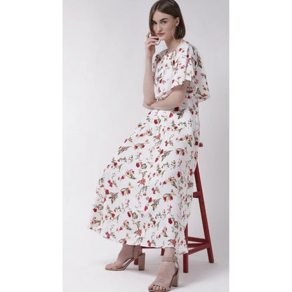 PKRKART Women's Crepe Floral Half Sleeves Full Length Gown(White)