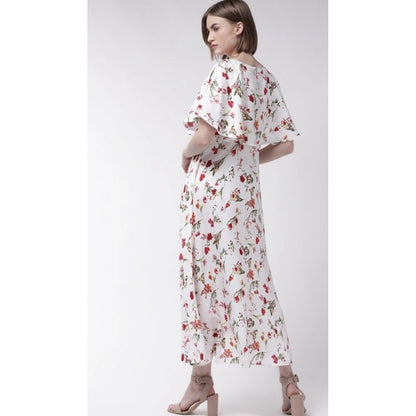 PKRKART Women's Crepe Floral Half Sleeves Full Length Gown(White)