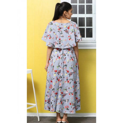 PKRKART Women's Crepe Floral Half Sleeves Full Length Gown(Light Grey)