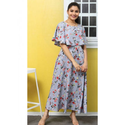 PKRKART Women's Crepe Floral Half Sleeves Full Length Gown(Light Grey)