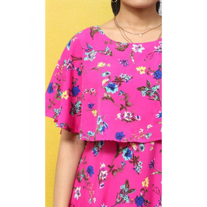 PKRKART Women's Crepe Floral Half Sleeves Full Length Gown(Pink)