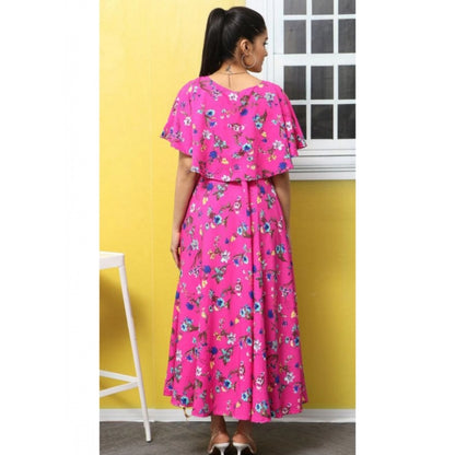 PKRKART Women's Crepe Floral Half Sleeves Full Length Gown(Pink)