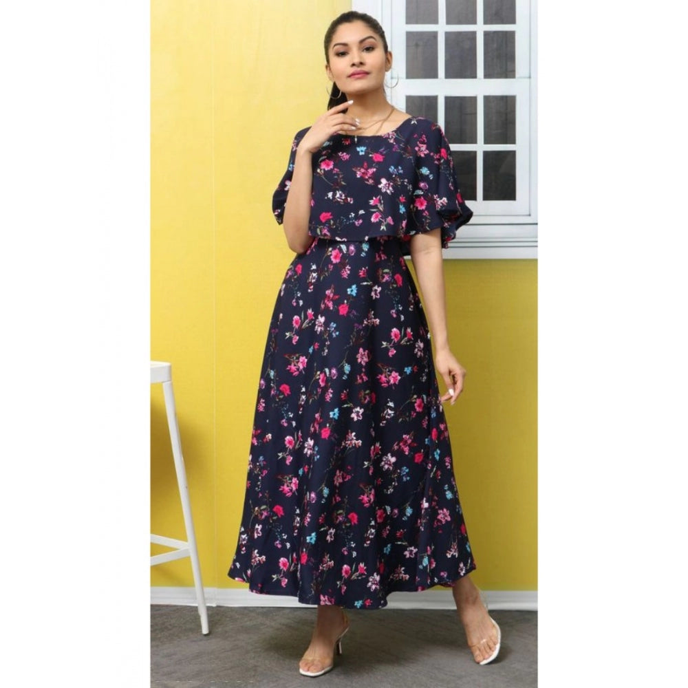 PKRKART Women's Crepe Floral Half Sleeves Full Length Gown(Dark Blue)