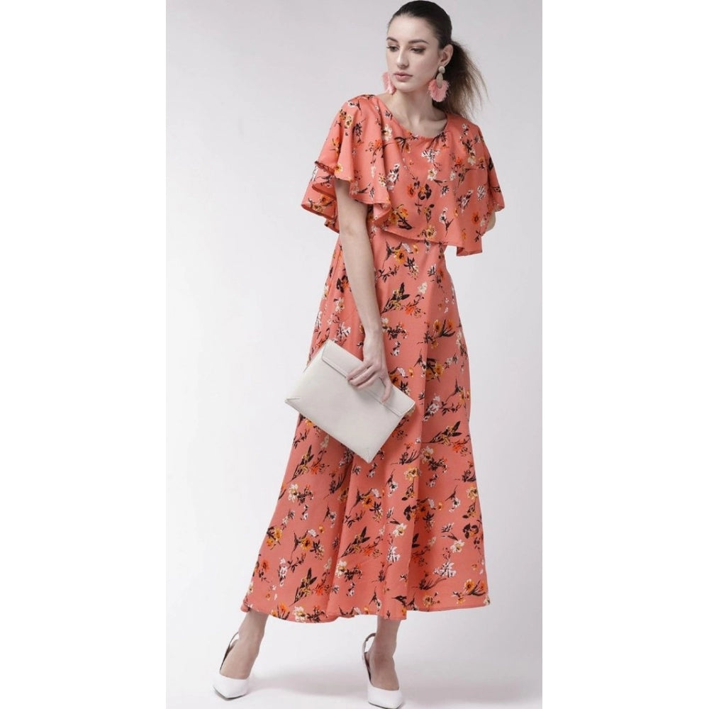 PKRKART Women's Crepe Floral Half Sleeves Full Length Gown(Orange)