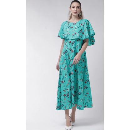 PKRKART Women's Crepe Floral Half Sleeves Full Length Gown(Turquoise)