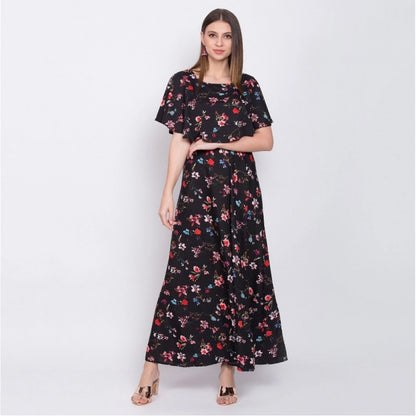PKRKART Women's Crepe Floral Half Sleeves Full Length Gown(Black)