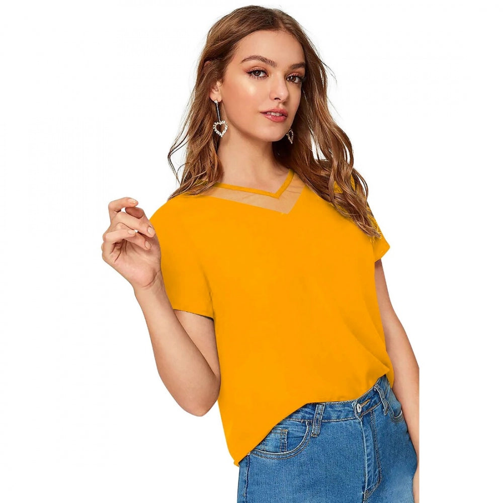 PKRKART Women's Polyester, Knitting Western Wear T-Shirt (Yellow)
