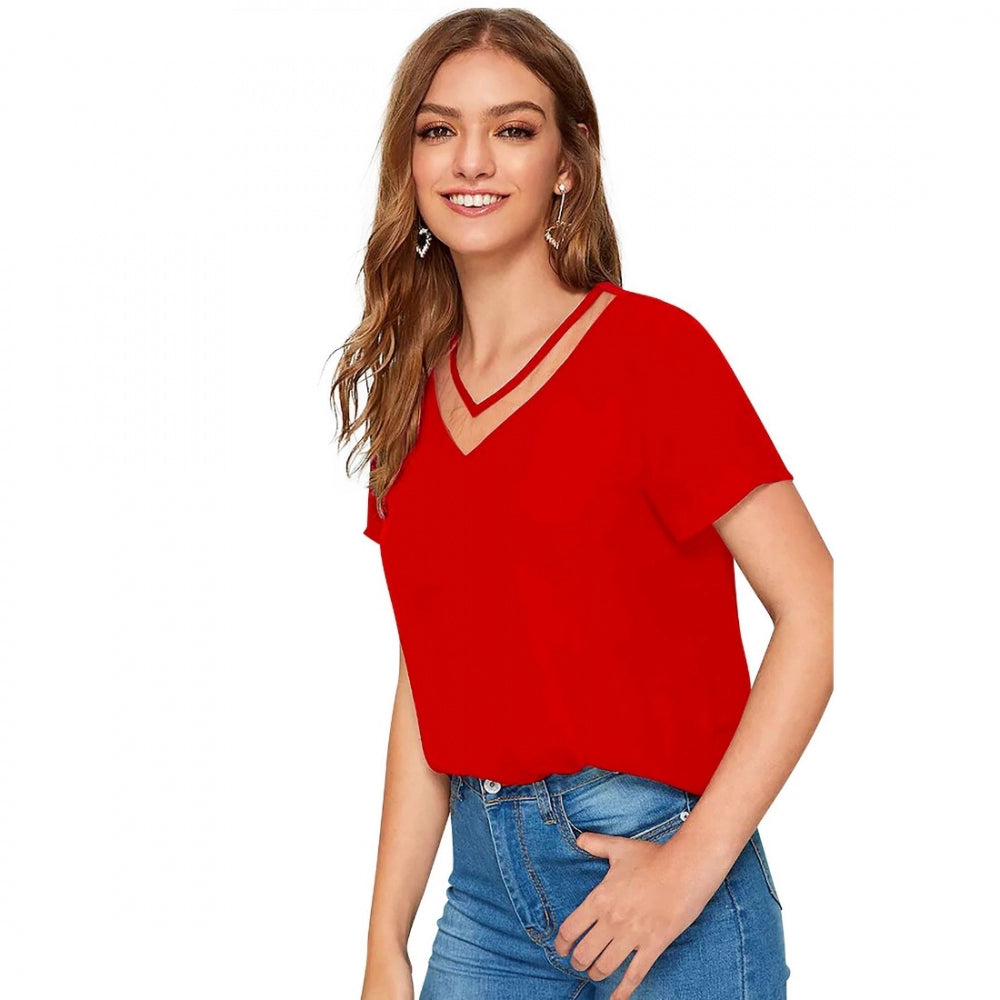 PKRKART Women's Polyester, Knitting Western Wear T-Shirt (Red)