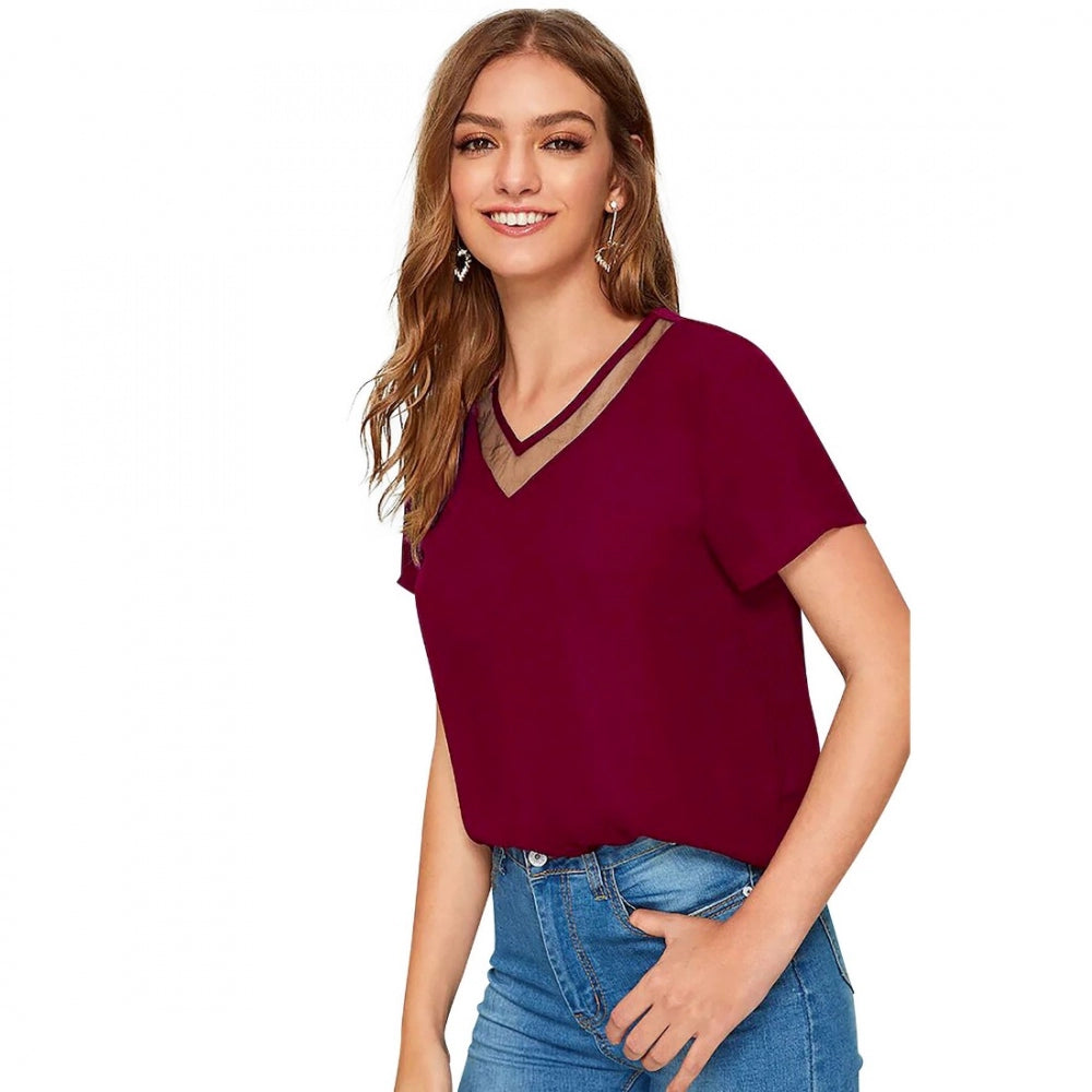 PKRKART Women's Polyester, Knitting Western Wear T-Shirt (Maroon)