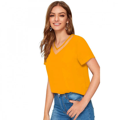PKRKART Women's Polyester, Knitting Western Wear T-Shirt (Yellow)