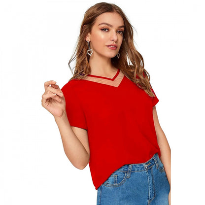 PKRKART Women's Polyester, Knitting Western Wear T-Shirt (Red)