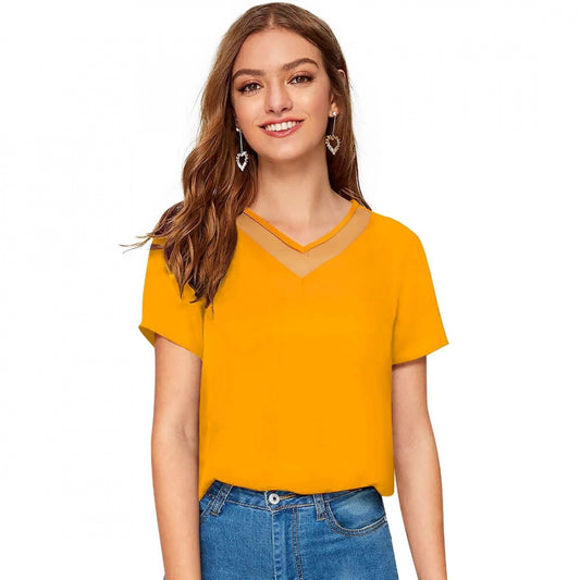 PKRKART Women's Polyester, Knitting Western Wear T-Shirt (Yellow)