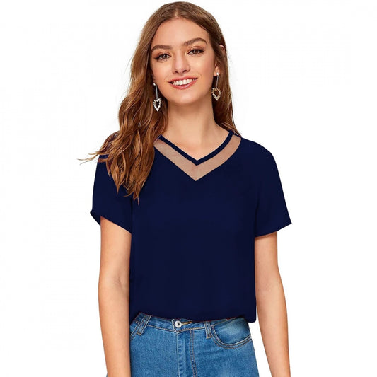 PKRKART Women's Polyester, Knitting Western Wear T-Shirt (Blue)