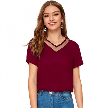 PKRKART Women's Polyester, Knitting Western Wear T-Shirt (Maroon)
