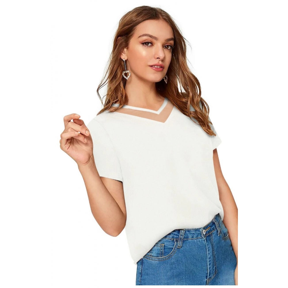PKRKART Women's Polyester, Knitting Western Wear T-Shirt (White)