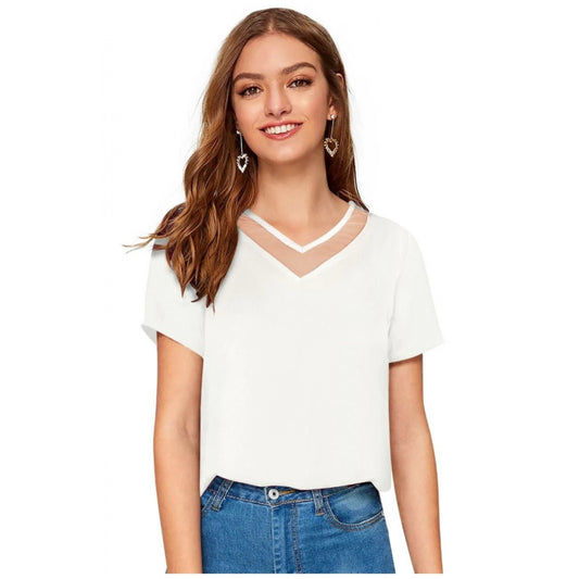 PKRKART Women's Polyester, Knitting Western Wear T-Shirt (White)