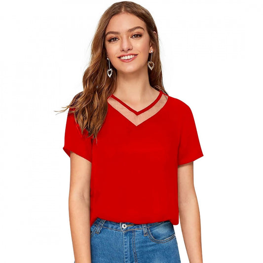 PKRKART Women's Polyester, Knitting Western Wear T-Shirt (Red)