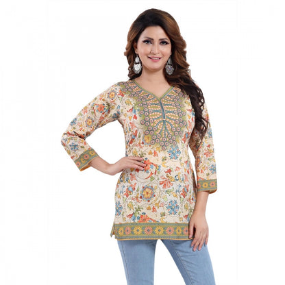 PKRKART Women's Quarter Sleeve Faux Crepe Printed Short Kurti Tunic Top (Color:Multicolor)