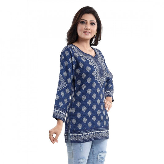 PKRKART Women's Quarter Sleeve Faux Crepe Printed Short Kurti Tunic Top (Color:Blue)