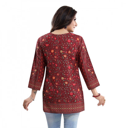 PKRKART Women's Quarter Sleeve Faux Crepe Printed Short Kurti Tunic Top (Color:Red)